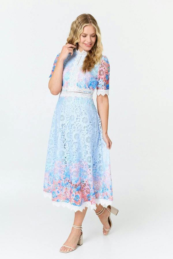 Blue | Floral Lace Trim 1/2 Sleeve Midi Dress