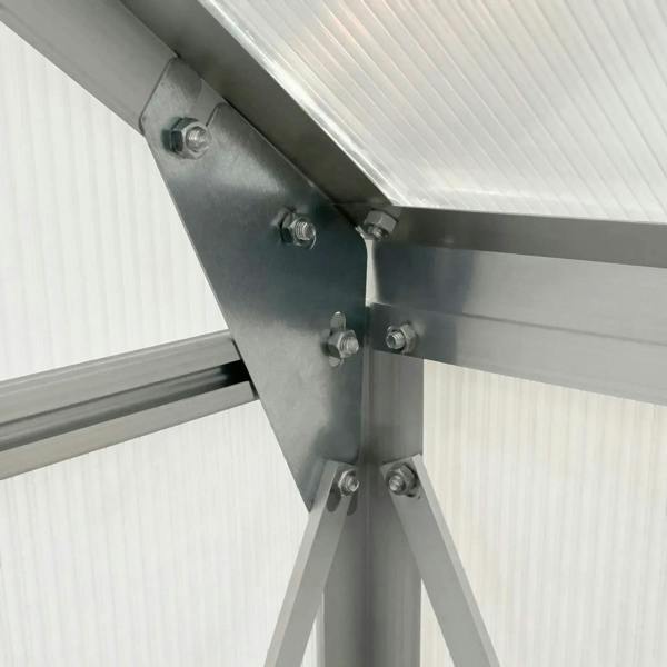 Roof frame support brackets and bolts connecting greenhouse metal frame and panels
