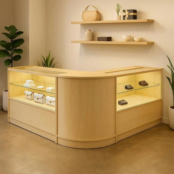 Maple Selene LED shop counter set with two display cases, showcasing elegant jewelry, soft lighting, and modern design elements