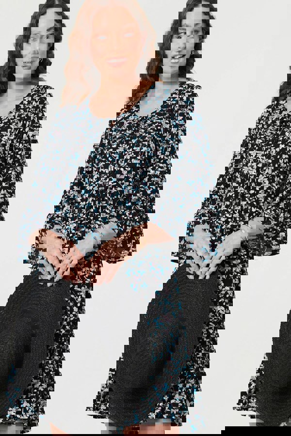 Black | Ditsy Floral Flare Sleeve Short Dress