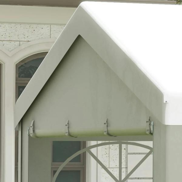 White tent front roof peak with support bar and window frame