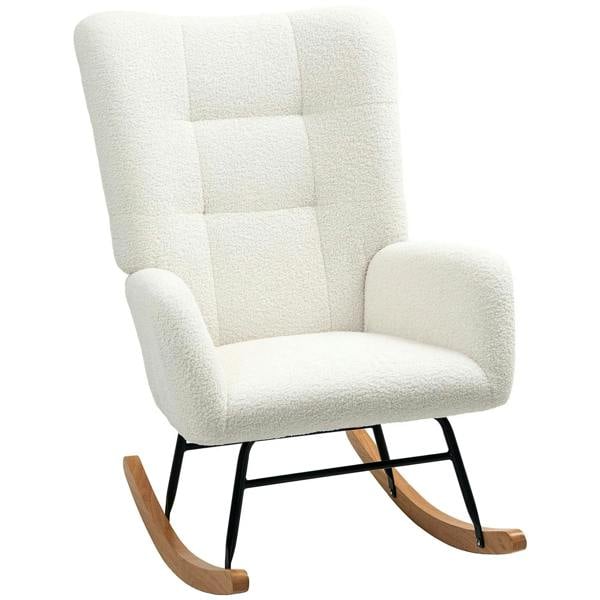 Cream teddy-fleece rocking chair with padded arms, tall back, and curved wooden rockers