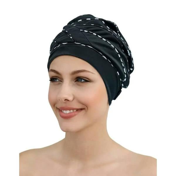 Fashy Piped Fabric Swim Cap: black with white polka dots and ribbons