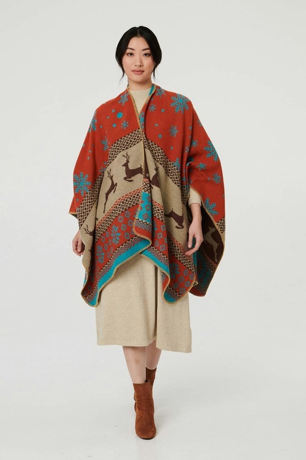 Orange | Nordic Print Hanky Hem Poncho
