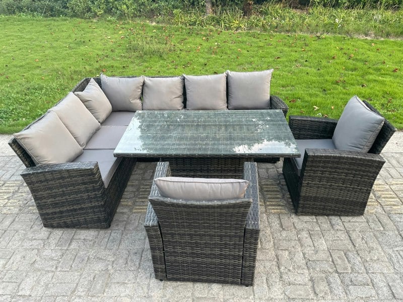 Fimous High Back PE Rattan Corner Sofa Set Garden Furniture Adjustable Rising Lifting Table Set With 2 Armchair