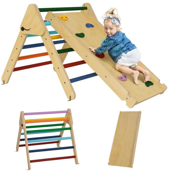 Multicolour wooden toddler climbing frame set with ramp and stepping bars for indoor play