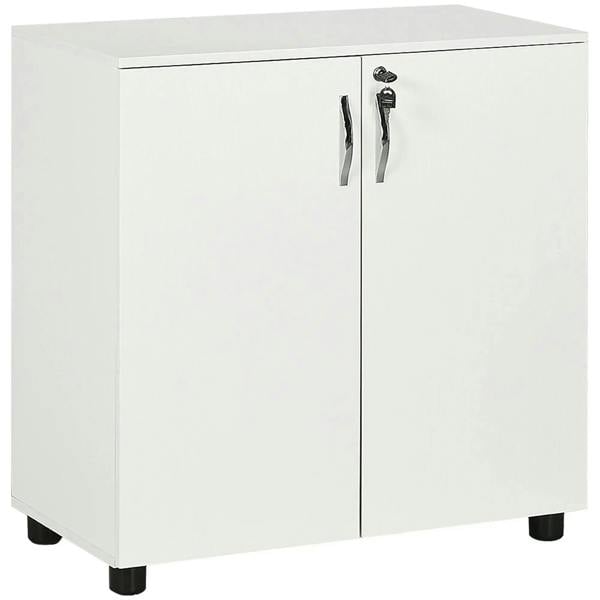 White two-tier locking office storage cabinet with two doors and metal handle locks