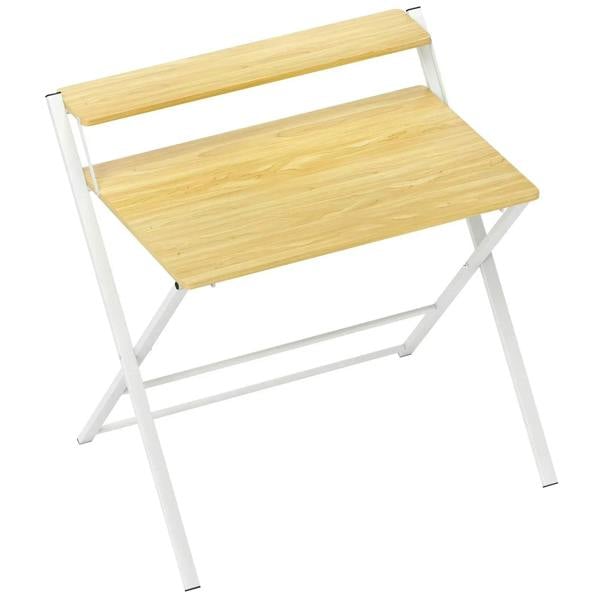 Maple wood-effect folding desk with light wood top and white metal frame