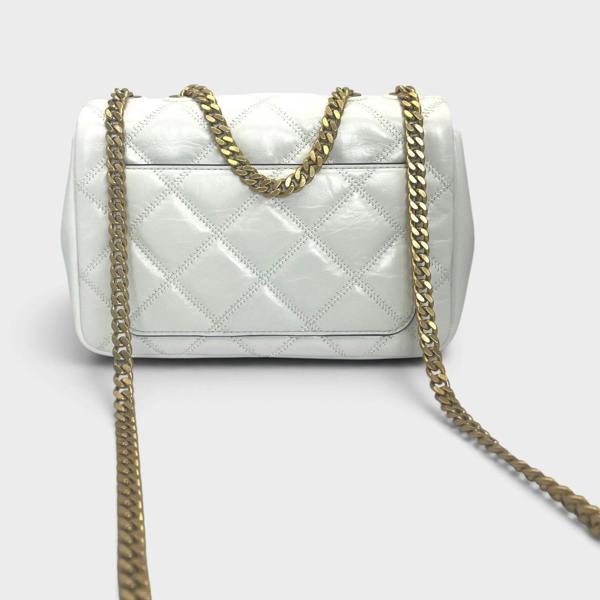Supplied Fashion Willa glazed white leather shoulder bag with quilted texture and gold chain strap