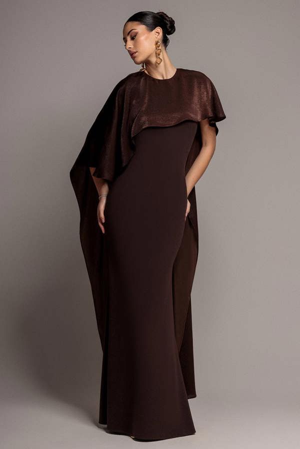 Goddiva Scoop Neck Velvet Satin Cape Sleeve Maxi Dress - Brown DR5074