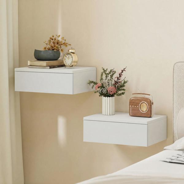 HOMCOM Wall Mounted Bedside Table with High Gloss Finish and Storage Drawer