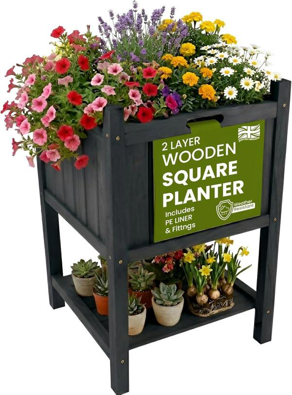 My Garden Outdoor Living My Garden Planter with Storage Shelf & PE Liner – 50 x 50 x 85cm Free Standing Square Wooden Planter for Indoor & Outdoor