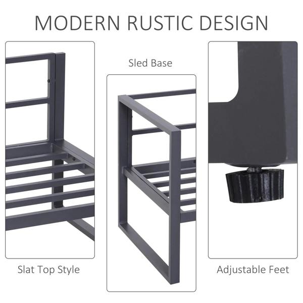 Grey outdoor chair base with slat-style top and adjustable feet for stability