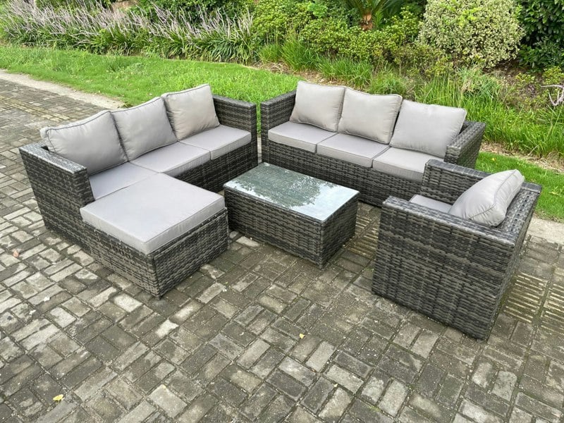 Fimous 8 Seater Rattan Garden Furniture Set Indoor Outdoor Patio Sofa Set with Oblong Coffee Table Armchair Big Footstool Dark Grey Mixed