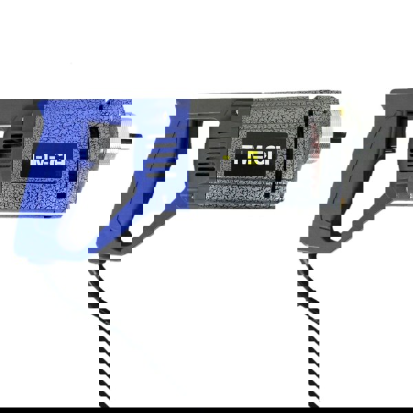 T-Mech concrete vibrator with a blue ergonomic handle, textured gray body, and metal vibrating head for efficient concrete settling