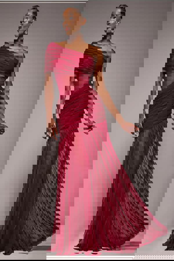 Gathered One Shoulder Sheer Panel Maxi Dress - Wine DR4828
