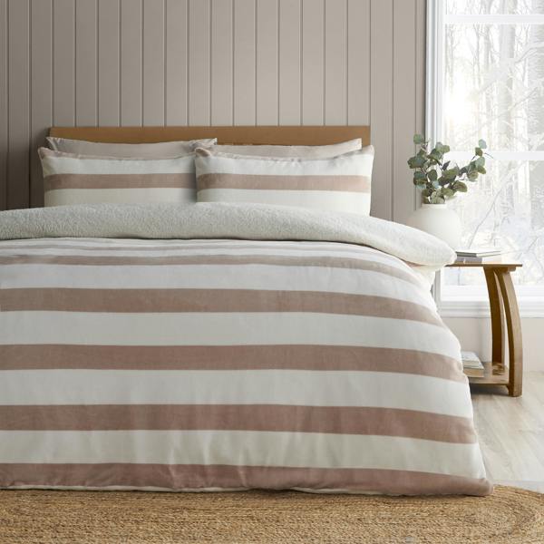 Catherine Lansfield Cosy Sherpa Stripe Duvet Cover Set Natural