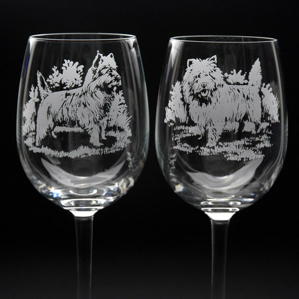 Glyptic Glass Art Cairn Terrier Dog Crystal Wine Glass - Hand Etched/Engraved Gift