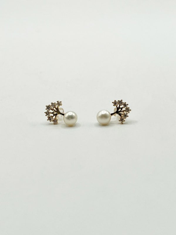 SVNX Pearl Stud Earring with Diamante Tree in Gold Colour