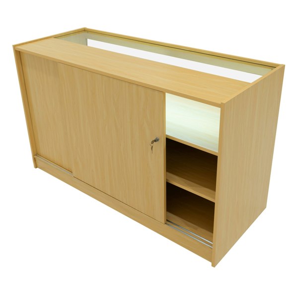 Maple Iris LED shop counter set with sliding doors, glass display top, and open shelving for organized storage and visibility