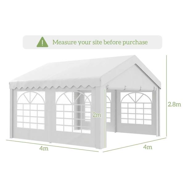 White party tent canopy with four arched window panels and a central door opening