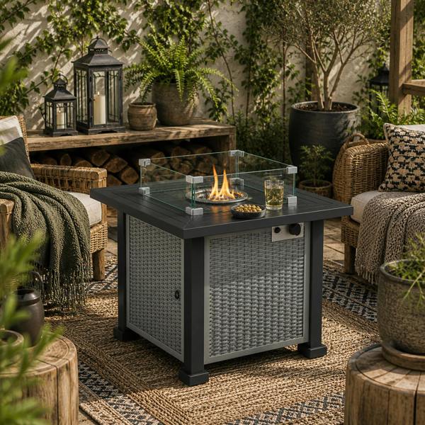 Wyld Haus Misana Talu Steel Grey Rattan Square Outdoor Garden Gas Fire Pit Table