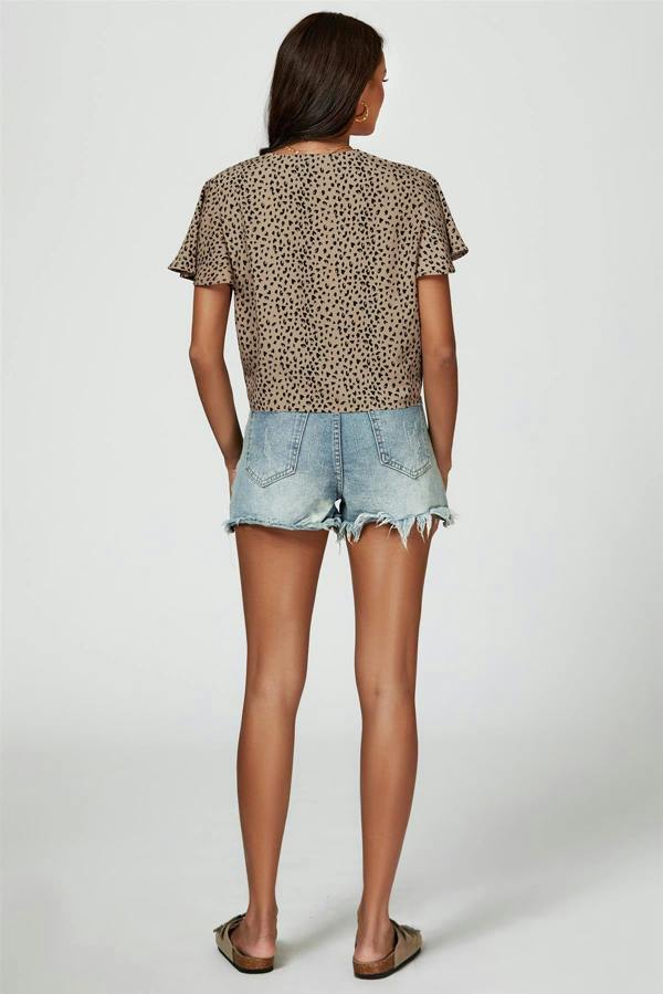 FS Collection Leopard Print Tie Knot Front Buttoned Crop Top In Beige