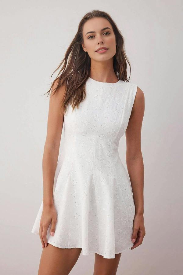 Broderie Anglaise Sleeveless Fit and Flare Mini Dress