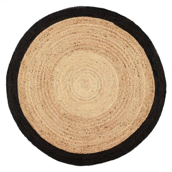 Round jute rug with black border on a white background