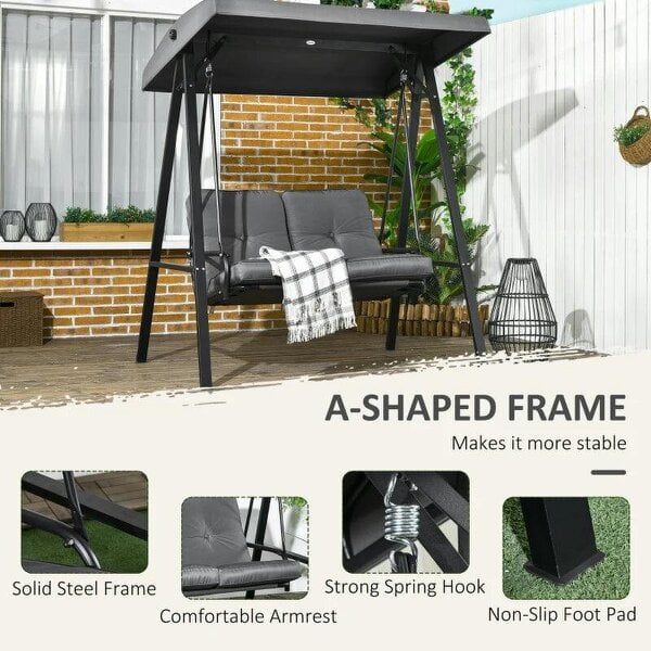 Two-Seater Garden Swing Bench, with Adjustable Canopy - Dark Grey