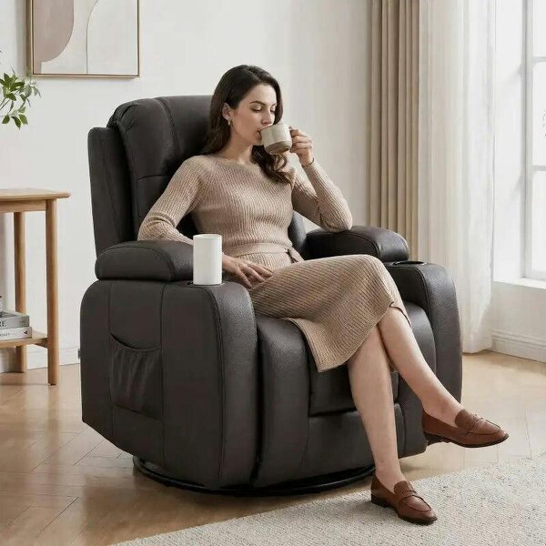 PU Leather Recliner Chair, Recliner Armchair with Extended Footrest, Cup Holders and Side Pockets, Dark Brown - Dark brown