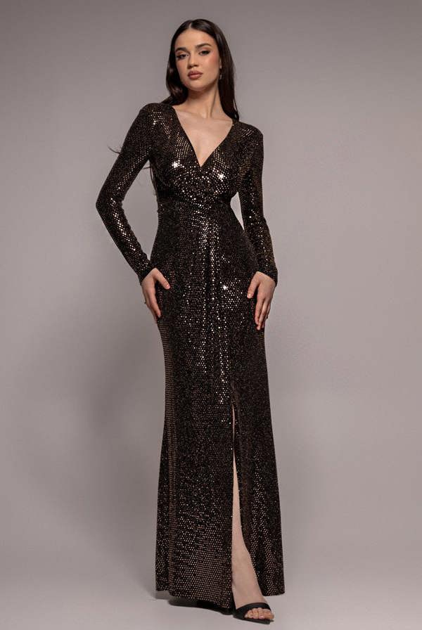 Glitter Lurex Long Sleeve Wrap Maxi Dress - Rose Gold DR4917
