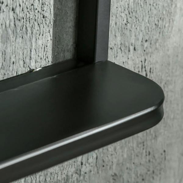 Black storage shelf edge with curved lip detail and glossy finish