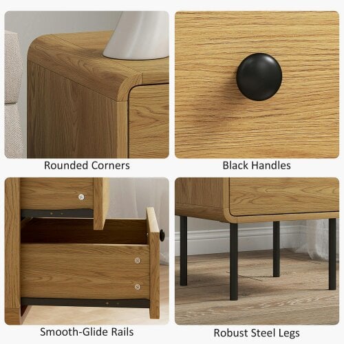 Wyld Haus Fafile Lesu Oak Finish Wooden Bedside Table With 2 Drawers And Black Steel Legs