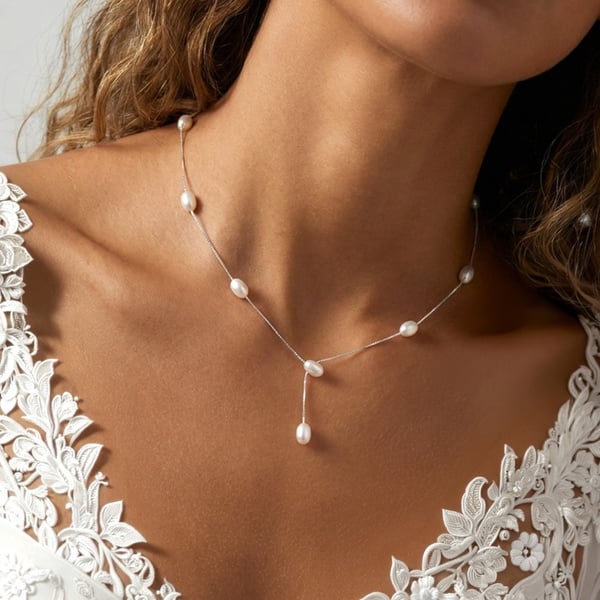 MUCHV Dainty Lariat Bridal Drop Necklace With Pearls