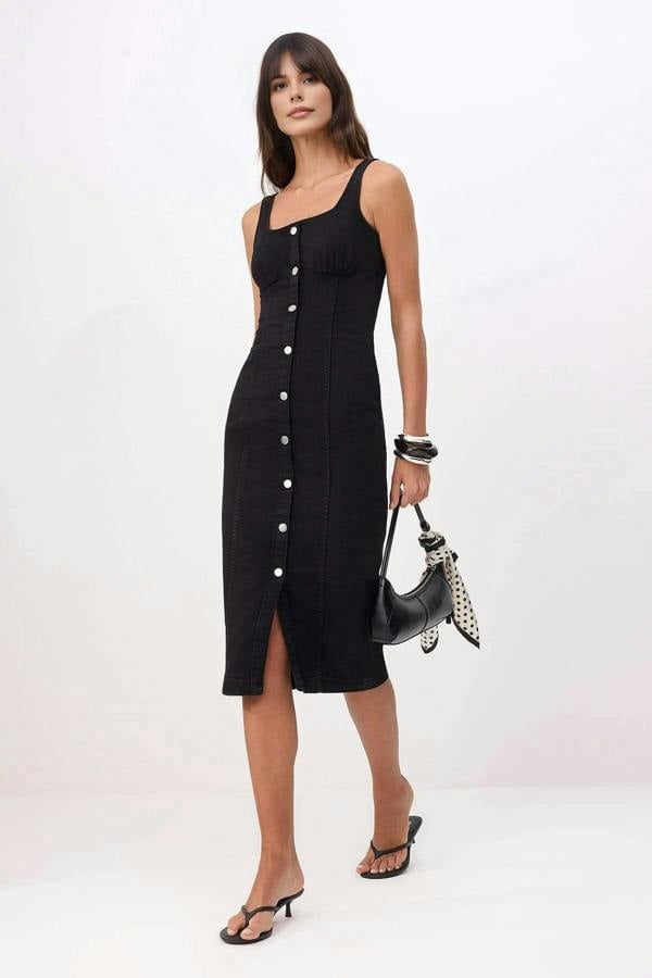 WOVCOR Button Detail Medium Stretch Midi Denim Dress