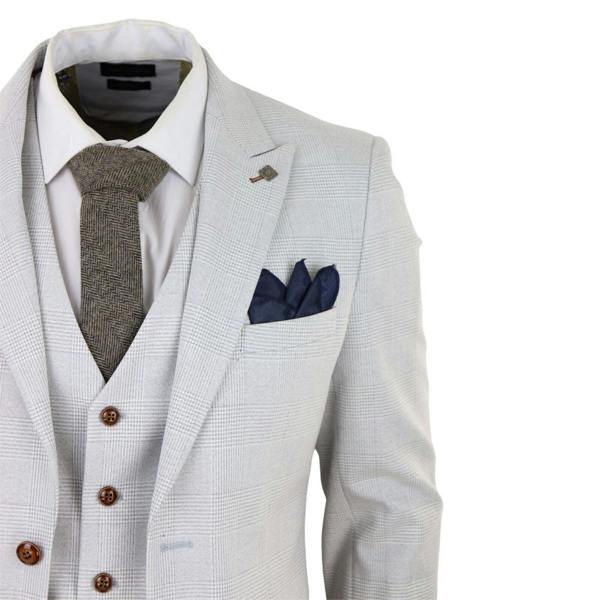 Paul Andrew Mens Grey Stone 3 Piece Tweed Check Suit