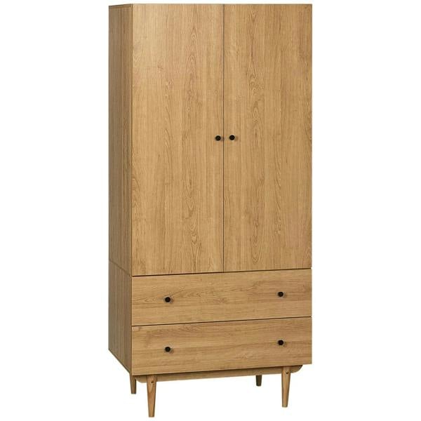 Natural wood wardrobe cabinet with two doors and two drawers, black knobs