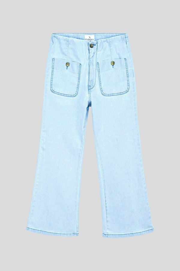 ENORSIA Light Blue Cropped Flared Buttoned Jeans