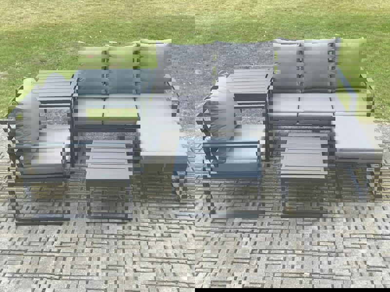 Fimous Aluminium Outdoor Garden Furniture Set Lounge Sofa Chairs Square Coffee Table Sets with Side Table Big Footstool Conservatory Set Dark Grey