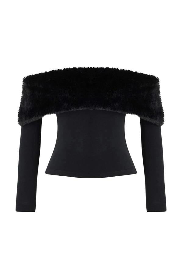WOVCOR Faux Fur Carmen Collar Knit Party Blouse