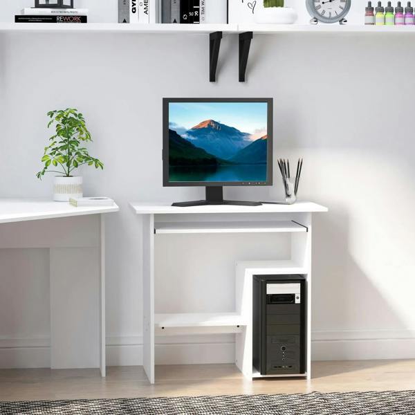 White computer desk with monitor shelf and open compartments for CPU