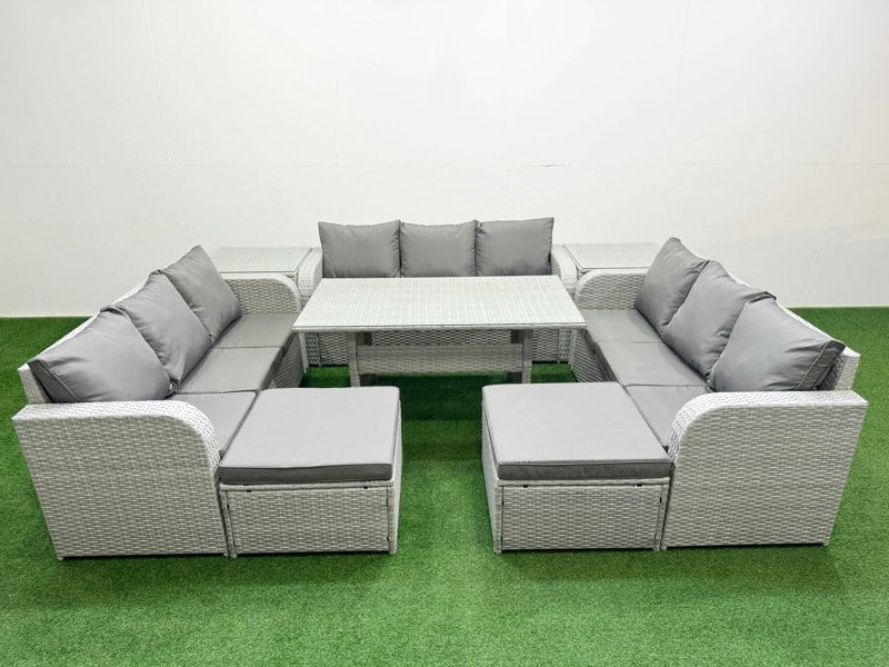 Fimous 11-Seater Light Grey PE Rattan Outdoor Lounge Set | Rectangular Dining Table, 3-Seater Sofa, 2 Footstools, 2 Side Tables