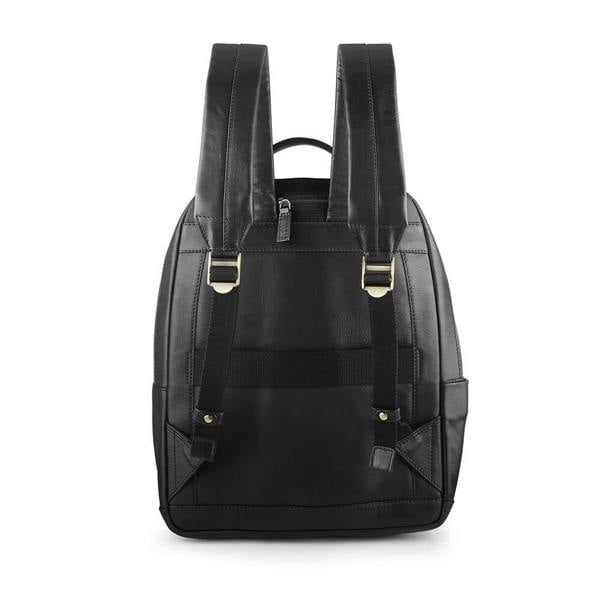 Black backpack with gold zippers on a white background