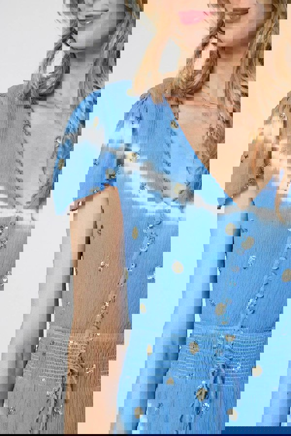 Blue | Tie Dye Print Shirred Tie Waist Midi Dress
