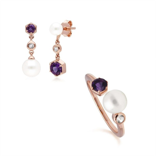 270E030304925-270R058804925 Modern Pearl, Amethyst & Topaz Earring & Ring Set in Rose Gold Plated Silver 1