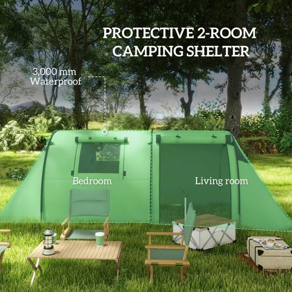 Green two-section tunnel camping tent with large side windows and divided front entry areas