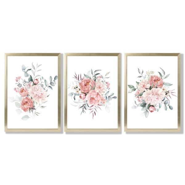 Pink Peonies Watercolour Floral Set of 3 Framed Art Prints with Gold Wood Frames
