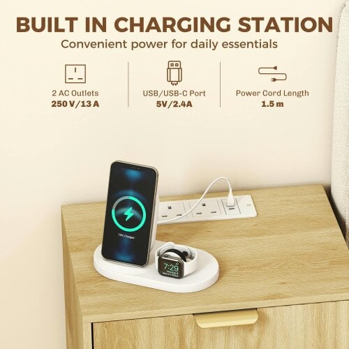 HOMCOM Fluted Bedside Table with Charging Station, Set of 2 Bedside Cabinet