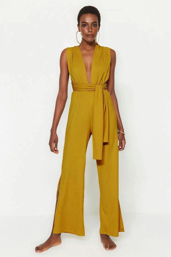 WOVCOR Woven Slit Maxi Beach Jumpsuit